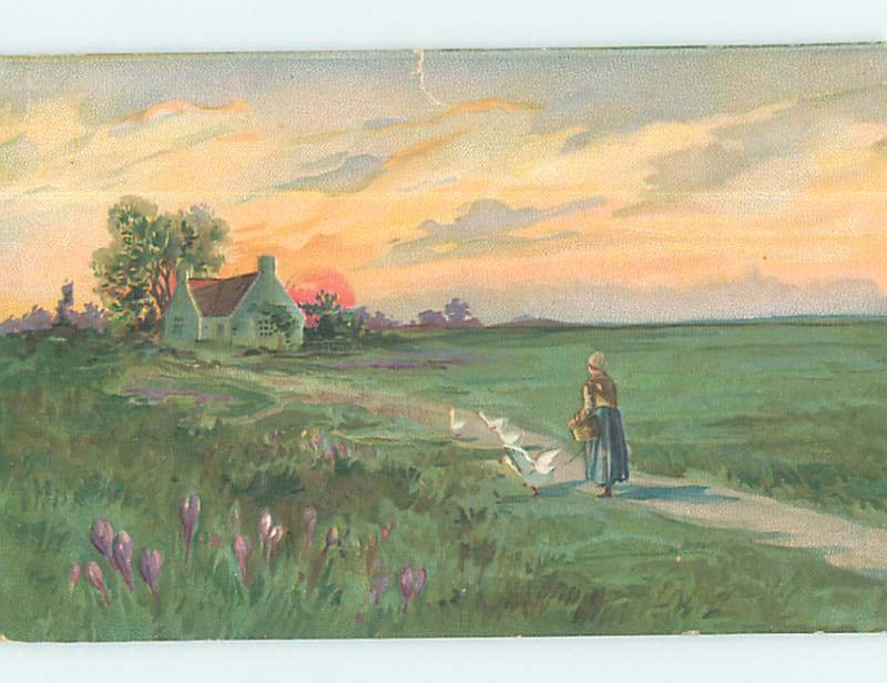 Divided-back NATURE SCENE Tuck - Woman Walking Home With Geese Birds AD8061