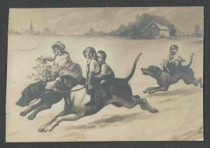 Ca 1910 PPC* FANTASY CHILDREN RIDING ON DOGS UNPOSTED TRIMMED ON BOTH SIDES