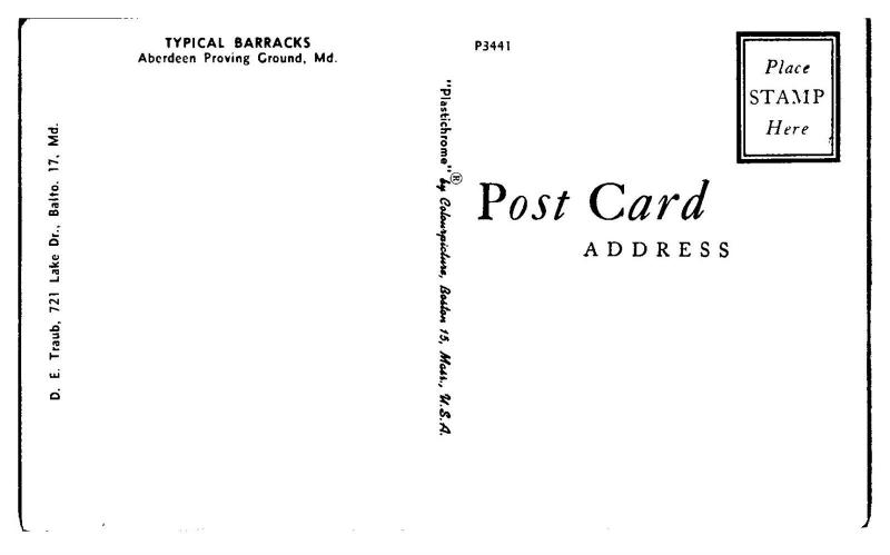 1950s/60s Typical Barracks, Aberdeen Proving Ground, MD Postcard