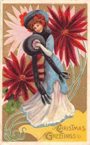 Woman Winter Muffler Large Flowers Christmas Greeting postcard