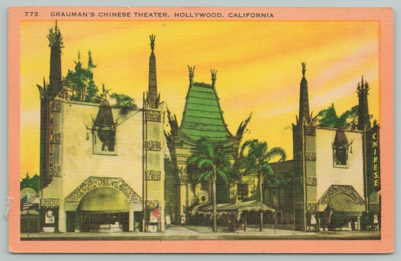Hollywood California~Graumans Chinese Theater~1940s Linen Postcard