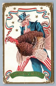 UNCLE SAM w/ TURKEY THANKSGIVING GREETINGS 1909 ANTIQUE POSTCARD PATRIOTIC