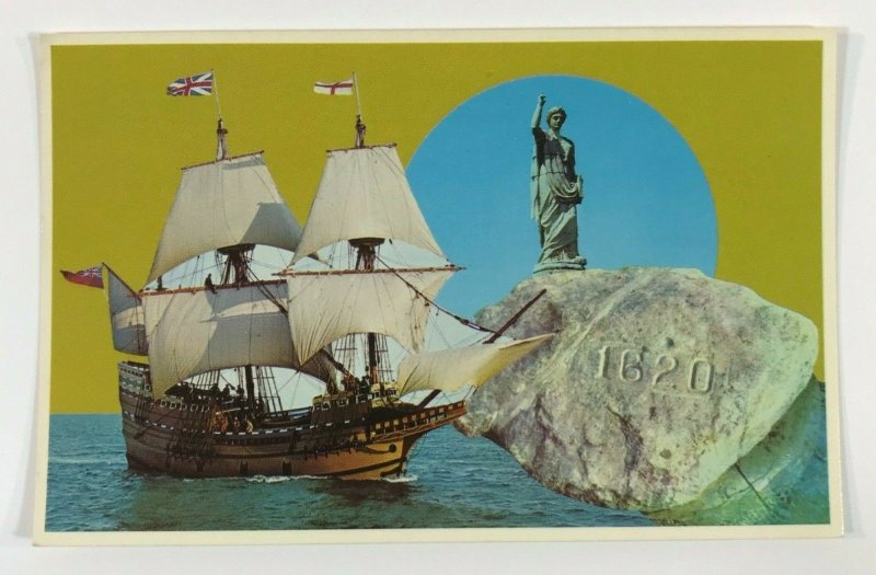 Mayflower Ship Landing 1620 Plymouth Rock, Mass. Chrome Postcard