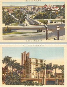 2~Postcards  SAO PAULO, Brazil   CITY VIEWS Bird's Eye & Downtown ca1940's Linen