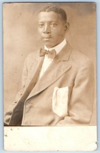 c1910 Black Americana Studio Portrait Man In Suit Bowtie RPPC Photo Postcard
