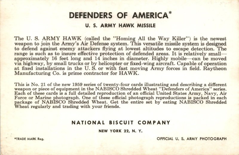 The postcard features the U.S. Army Hawk missile.