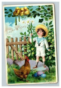 Vintage 1908 Tuck's Easter Postcard - Cute Chicks Child with Hen & Colored Eggs