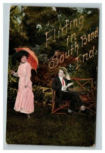 Vintage 1900's Postcard Flirting in South Bend Indiana Man Eyeing Woman in Park