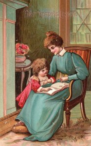 Vintage Postcard 1910's First Reading Lesson Mother and Child Reading Book Art