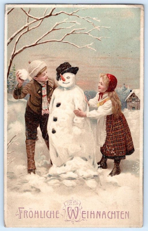 Fröhliche Weihnachten! Snowman & Children*1910's German Christmas Postcard