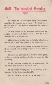 Man The Constant Paradox Politics The Devil WW1 Alpha Songcard Postcard