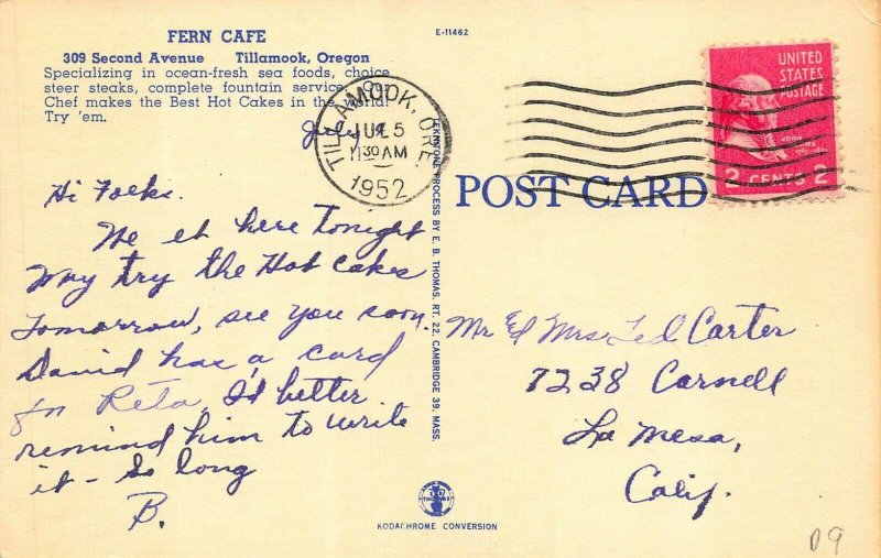 Tillamook OR Fern Cafe Duo-View Linen Postcard