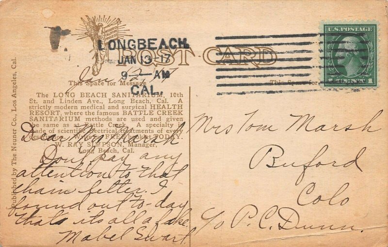 Long Beach Sanitarium, Long Beach, California, Early Postcard, Used in 1917
