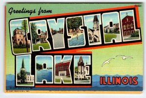 Greetings From Crystal Lake Illinois Large Letter Linen Postcard Curt Teich