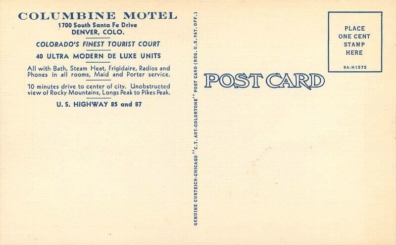 1940s Colorado Denver Columbine Motel roadside Teich linen Postcard 22-11398 
