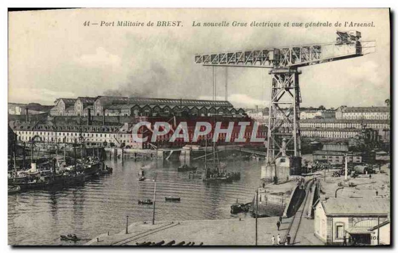 Old Postcard Brest military port the new electric crane and general view of t...