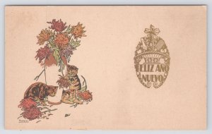 New Year~Kittens Destroy Mums~Gold Basket w/Bottle & Fruit~Barcelona~Vintage PC