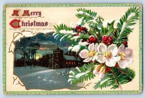 Christmas Postcard House Poppy Flowers Holly Berries Hoar Frost Winter Snow Tuck