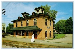 Illinois Central Railroad Depot Train Station Girl Galena IL Vintage Postcard