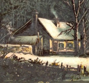 1880s-90s Victorian Christmas Card Mica Winter Snow Cabin Woods #7B