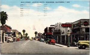 Postcard CA Oceanside - Main Street Looking South Coca-Cola Drugstore cars