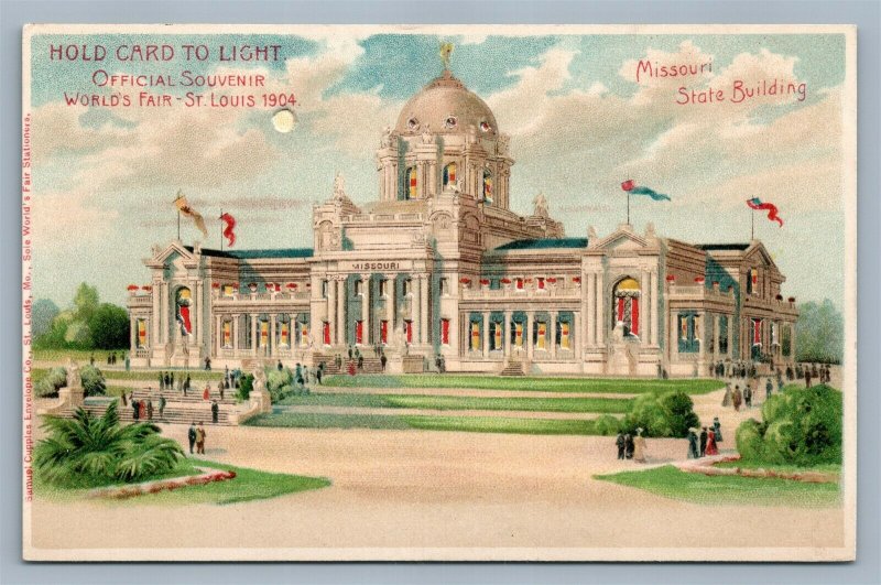 HOLD TO LIGHT 1904 WORLD'S FAIR ST.LOUIS ANTIQUE POSTCARD HTL MO STATE BUILDING