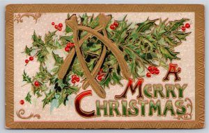 Holiday~Wishbones Holly & Christmas Greeting~Vintage Postcard