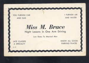 MISS M BRUCE NIGHT LESSONS IN ONE ARM DRIVING CARS VINTAGE ADVERTISING POSTCARD