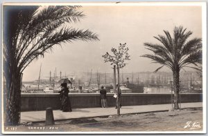 Genova Pan Italy Boats and Ships Palm Trees Boardwalk Real Photo RPPC Postcard