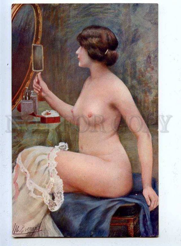 199289 NUDE Young Woman w/ Mirror by EVERART vintage SALON PC 