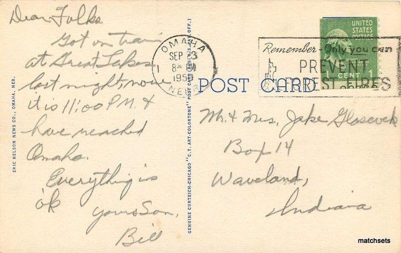 1950 Omaha Nebraska Overland Greyhound Bus Station autos Teich linen 4269