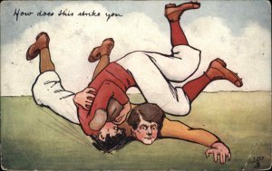 Tuck Write Away Men Playing Rugby Football Tackle c1910 Vintage Postcard