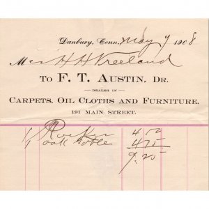 1908 Antique Billhead - F.T. AUSTIN Carpets, Oil Cloths & Furniture -Danbury, CT