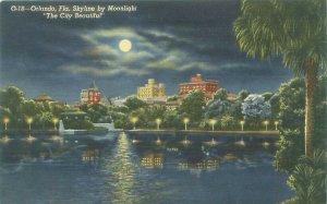 Orlando Florida Skyline by Moonlight Reflected in Water Linen Postcard Unused