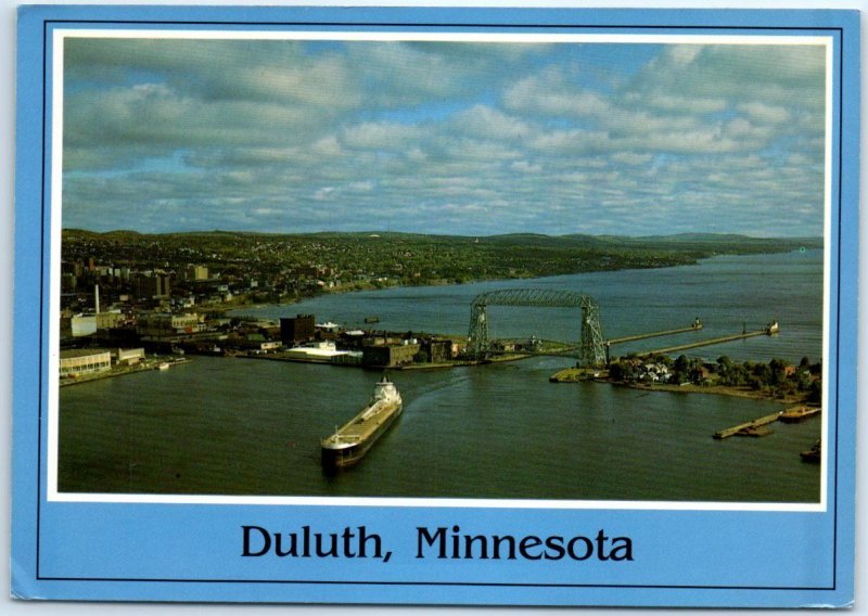 An aerial view of a giant freighter approaching the DuluthSuperior