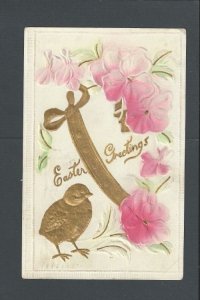 Post Card 1911 Antique Easter Card W/Chick In Gold & Pink Etc Embossed