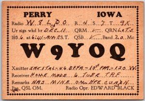 1936 QSL Radio Card Code W9YOQ Perry Iowa IA Amateur Station Posted Postcard