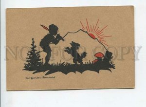 3177584 SILHOUETTE Piper Boy & TERRIER Sun MUSHROOM Vintage PC