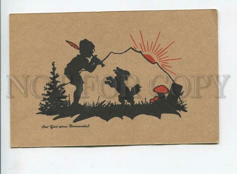 3177584 SILHOUETTE Piper Boy & TERRIER Sun MUSHROOM Vintage PC