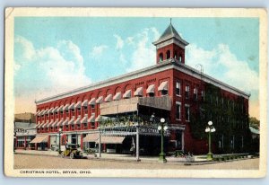 1924 Bryan Ohio OH Vintage Postcard Christmas Hotel Exterior Building Street