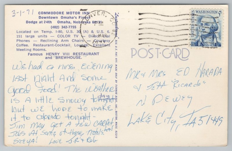 Roadside~Commodore Motor Inn Omaha Nebraska~Vintage Postcard