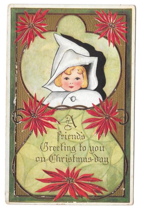 Christmas Girl Wearing Hood Poinsettias Vintage Postcard