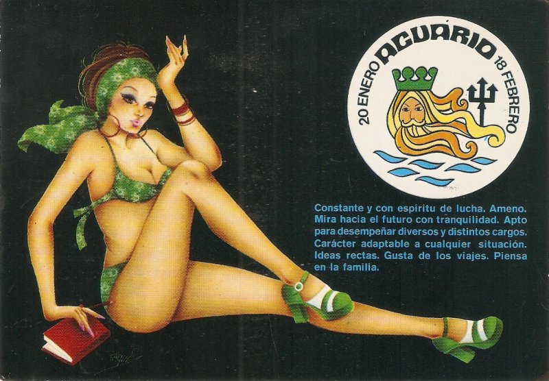 Signs of the Zodiac, Acuario, with Pin Up Girl Modern Spanish PC. Size 15 x 10