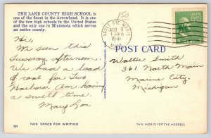 Two Harbors Minnesota~Lake County High School Bldg St View~Moderne~Linen 1941 PC