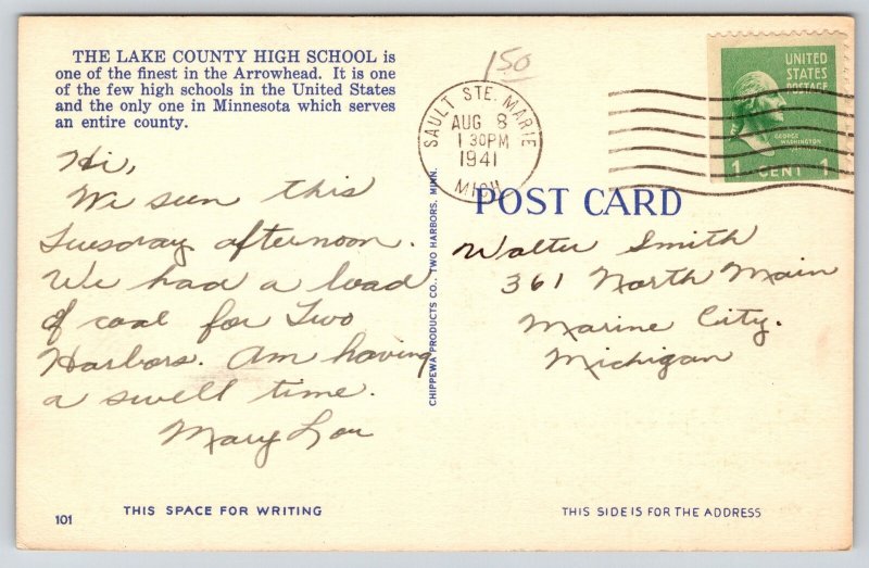 Two Harbors Minnesota~Lake County High School Bldg St View~Moderne~Linen 1941 PC