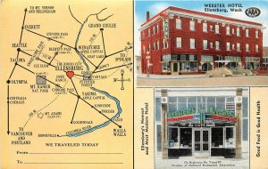 Linen Multiview Postcard; Ellensburg WA Map & Webster Hotel, Unposted EC Kropp