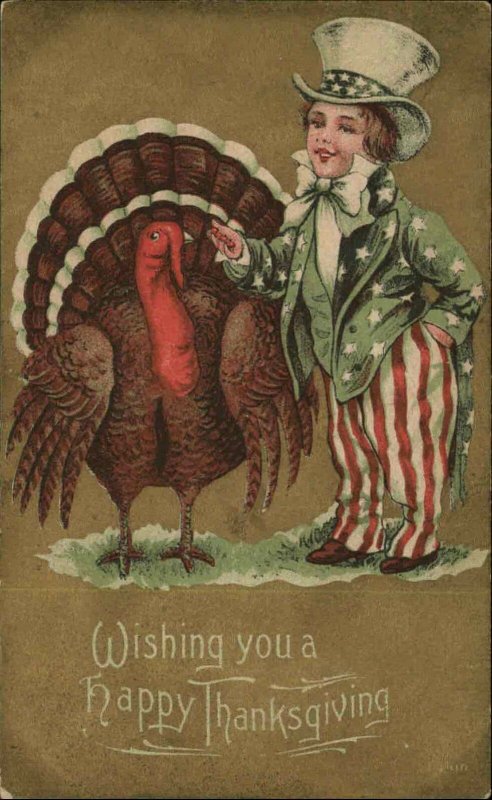 Patriotic Thanksgiving - Little Boy Uncle Sam Gold Background c1910 Postcard