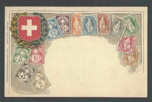 Ca 1907 Switzerland 1890's Stamp Set Portrayed On Emb Mint Card W/Coat Of Arms