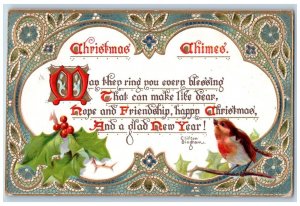 Christmas Postcard Holly Berries Song Bird Embossed Mendocino CA Tuck's 1912