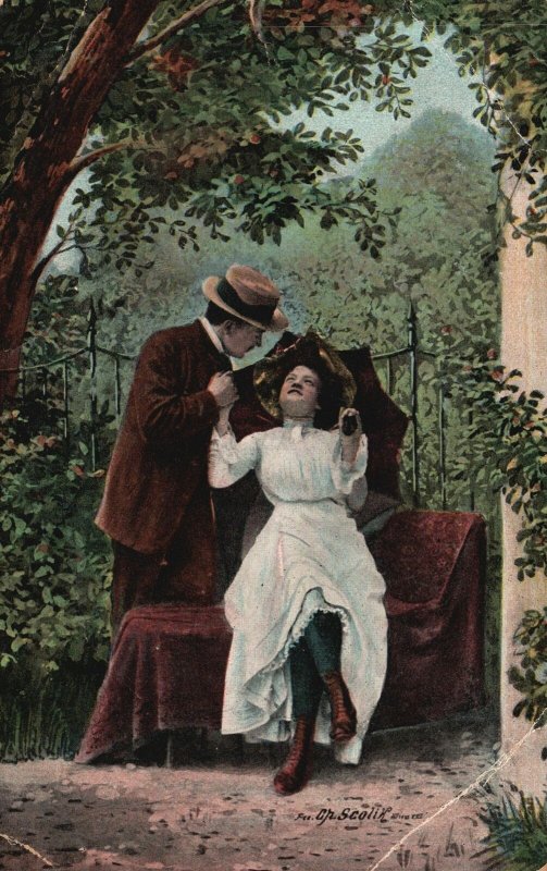 Vintage Postcard 1910's Sweet Couple Lovers Romance Sitting Under Tree Outdoor